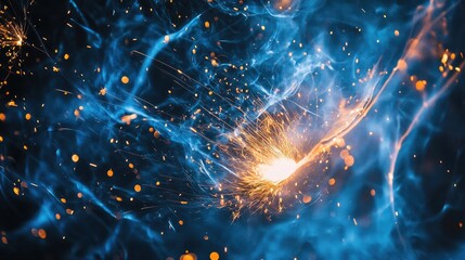 Fototapete - Abstract art texture captures the dynamic essence of welding sparks with blue tones, creating a visually striking composition ideal for various design projects. Photo style with copy space included.