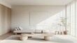 © ArpPSIqee - A serene and modern living room design adorned with a pristine white canvas backdrop, Simple yet carefully arranged minimalist furnishings, Japanese minimalist style