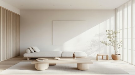 Poster - A serene and modern living room design adorned with a pristine white canvas backdrop, Simple yet carefully arranged minimalist furnishings, Japanese minimalist style