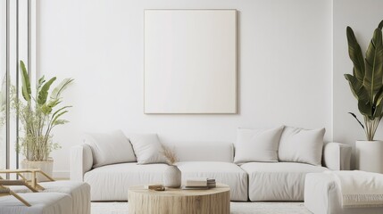 Poster - A serene and tranquil living room setup featuring a white canvas backdrop, Minimalist décor meticulously placed, Zen minimalism style