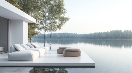 Poster - A serene minimalist escape adorned with a white canvas backdrop, Floating furniture arrangement in a serene lakeside cottage, Lakeside minimalism style