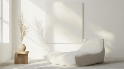 Poster - A serene minimalist oasis adorned with a white canvas backdrop, Tranquil furniture arrangement with soft pastel tones, Serene minimalism style