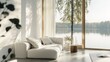 © ArpPSIqee - A serene minimalist retreat with a white canvas backdrop, Minimal furniture arrangement in a lakeside cottage, Lakeside minimalism style