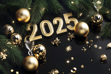 Wall Mural - 2025 New Year celebration decor with golden ornaments, sparkling numbers, pine branches, and festive stars on a black background, perfect for holiday and party themes