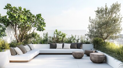 Poster - A sleek and contemporary urban rooftop garden-inspired lounge design with a white canvas backdrop, Enhanced with lush greenery and modern outdoor furniture, Urban rooftop garden chic style
