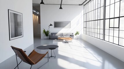 Aufkleber - A sleek and functional living room design featuring a white canvas backdrop, Strategically placed minimalist furniture, Industrial chic minimalist style