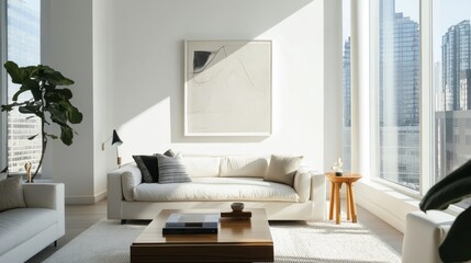 Poster - A sleek and inviting living room design with a white canvas backdrop, Expertly selected minimal furniture, Minimalist urban style