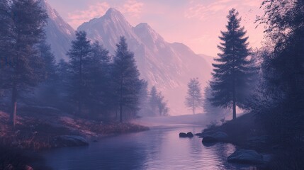 Wall Mural - A serene landscape featuring misty mountains, lush trees, and a tranquil river, bathed in soft, warm light at sunrise.