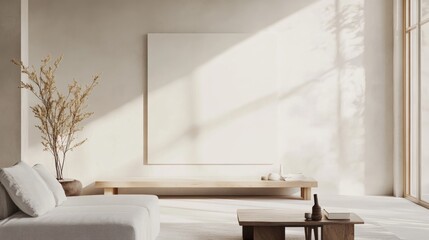 Poster - A sleek and minimalist living room design showcasing a white canvas backdrop, Carefully selected minimal furniture, Minimalist nautical style