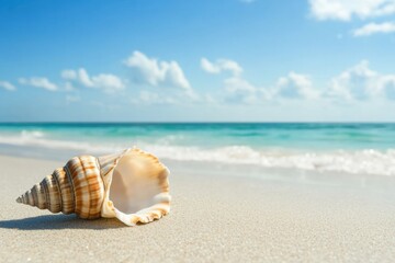 Poster - A seashell lies on the warm sand, accompanied by soft waves lapping at the shore under a clear sky dotted with clouds. Generative AI