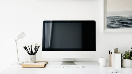 Aufkleber - A sleek and modern office space design featuring a pristine white canvas backdrop, Minimalist workspace essentials meticulously arranged, Contemporary minimalist style