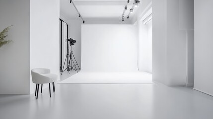 Wall Mural - A sleek and modern photography studio design boasting a pristine white canvas backdrop, Minimalist photography equipment arranged for functionality and style, Contemporary minimalist style