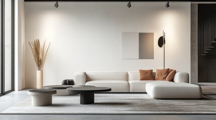 Poster - A sleek and sophisticated living room design featuring a white canvas backdrop, Strategically placed minimal furniture, Minimalist Urban Loft style