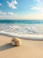 Aufkleber - A solitary seashell sits on soft sand as waves wash gently onto the beach, illuminated by a clear sky and sunlight. Generative AI