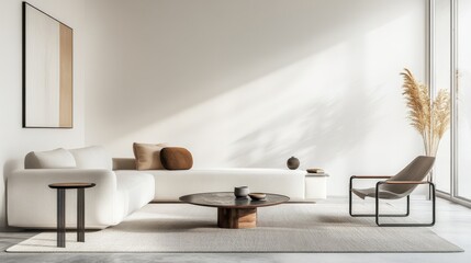 Aufkleber - A sleek and sophisticated living room design with a white canvas backdrop, Strategically placed minimal furniture, Minimalist Urban Industrial style