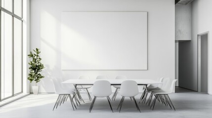 Aufkleber - A sleek minimalist conference room featuring a white canvas backdrop, Modern furniture arrangement in a corporate meeting space, Corporate minimalism style