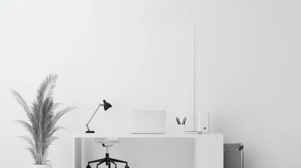 Aufkleber - A sleek minimalist workspace featuring a white canvas backdrop, Functional furniture arrangement in a modern office suite, Corporate minimalism style