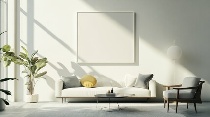 Aufkleber - A sophisticated and airy living room design with a white canvas backdrop, Thoughtfully arranged minimal furniture, Artistic minimalist style