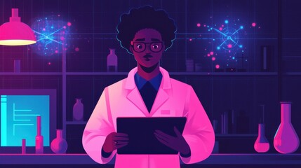 Poster - Scientific research action laboratory setting digital illustration futuristic environment close-up view innovation concept