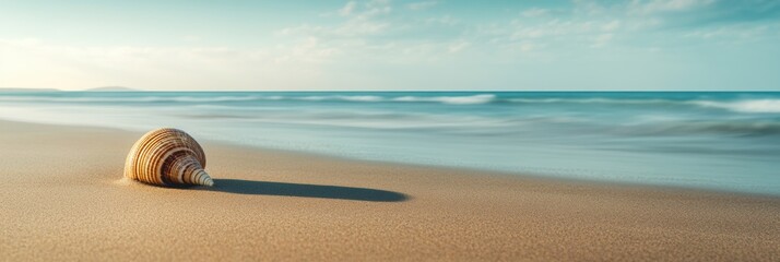 Aufkleber - A lone seashell rests on a sandy beach as gentle waves wash ashore under a bright, clear sky during a peaceful afternoon. Generative AI