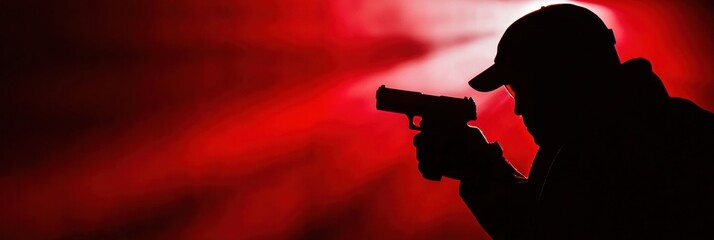 Poster - A dark silhouette of a burglar aims a gun in an alley, with red light casting an eerie glow, suggesting imminent danger at night. Generative AI