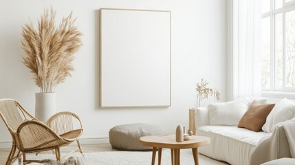 Aufkleber - A stylish and bright living room design featuring a white canvas backdrop, Artfully arranged minimal furniture, Contemporary chic minimalist style