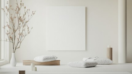 Poster - A tranquil living room arrangement featuring a white canvas backdrop, Carefully curated minimal furniture, Japanese Zen style