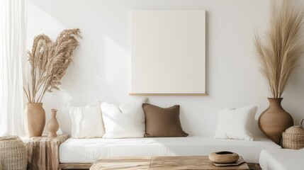 Poster - A tranquil living room arrangement with a white canvas backdrop, Thoughtfully curated minimal furniture, Zen-inspired Minimalism style