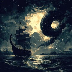 Wall Mural - A lone sailing ship navigates a dark and stormy sea, a celestial vortex swirling in the clouds above.