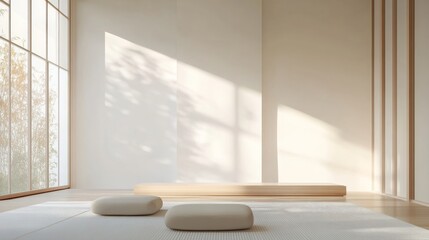 Poster - A tranquil minimalist sanctuary featuring a white canvas backdrop, Simple furniture arrangement in a Japanese-inspired tea house, Zen minimalism style