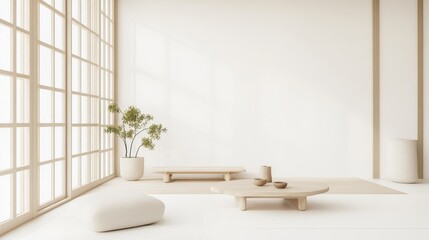 Poster - A tranquil minimalist sanctuary featuring a white canvas backdrop, Simple furniture arrangement in a Japanese-inspired tea house, Zen minimalism style