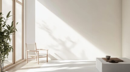 Poster - A tranquil minimalist sanctuary featuring a white canvas backdrop, Simple furniture arrangement in a Japanese-inspired tea house, Zen minimalism style