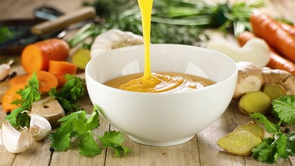 Canvas Print - ladling hearty vegetable soup into bowl