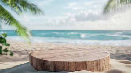 Poster - A wooden round table is on the beach with the ocean in the background