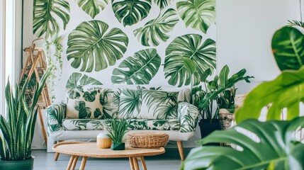 Poster - A vibrant and playful urban jungle-inspired living space design with a white canvas backdrop, Decorated with lush greenery and tropical prints, Urban jungle chic style