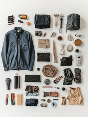 Poster - A variety of recycled clothing items and accessories are artistically laid out against a white background, emphasizing sustainable living choices. Generative AI