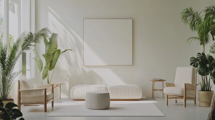 Wall Mural - A wellness-inspired living room design adorned with a white canvas backdrop, Enhanced by minimalist furniture arrangements, Wellness minimalist style