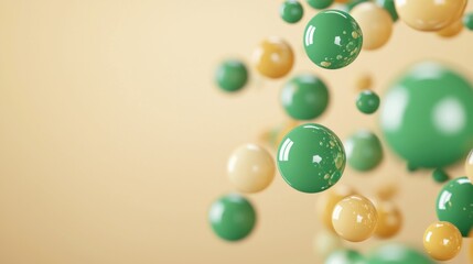 Poster - Floating green and yellow spheres abstract art digital design soft background close-up perspective modern concept