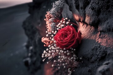 Aufkleber - Single red rose with white flowers against a dark background