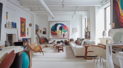 Poster - An eclectic artist's loft design boasting a white canvas backdrop, Adorned with colorful art pieces and vintage furniture, Boho-chic style