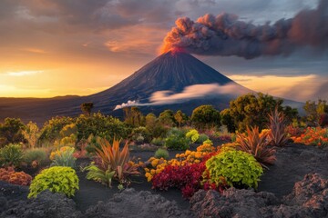 Aufkleber - Volcanic eruption at sunset with vibrant flowers in foreground