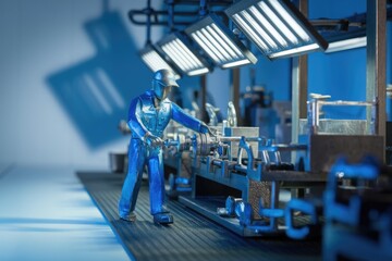 Poster - A miniature worker operates a machine in a factory setting.