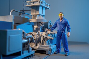 Aufkleber - A miniature figurine of a worker operating a factory machine.