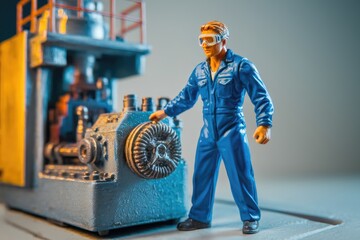 Poster - A miniature figure of a worker operating a complex machinery