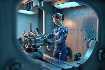 Poster - A woman in blue overalls works on a large industrial machine.