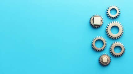 Fototapete - A variety of metallic gears surround a central microprocessor, creating an intriguing composition against a bright blue backdrop. Generative AI
