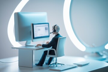 Poster - A miniature figurine of a businessman working at a computer.