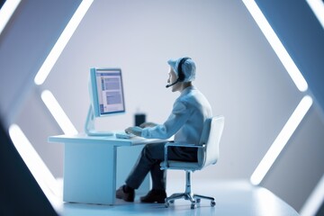 Poster - A figurine of a person wearing a headset sits at a desk in front of a computer.