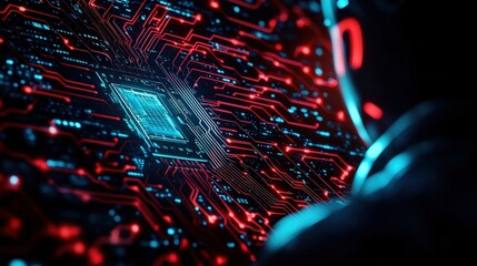 Poster - Futuristic circuit board with glowing red and blue lights, showcasing advanced technology.