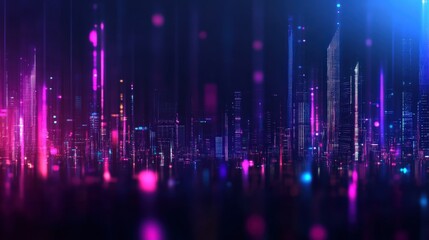 Aufkleber - Futuristic digital cityscape in vibrant neon colors and abstract glowing lights.